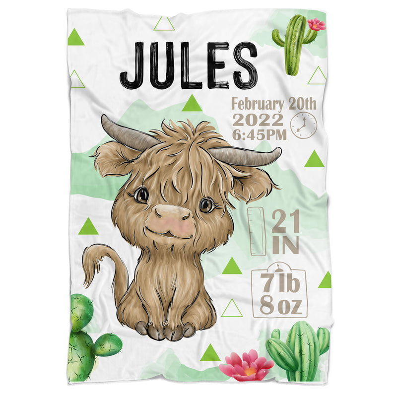 Personalized Highland Cow Birth Stat Blanket