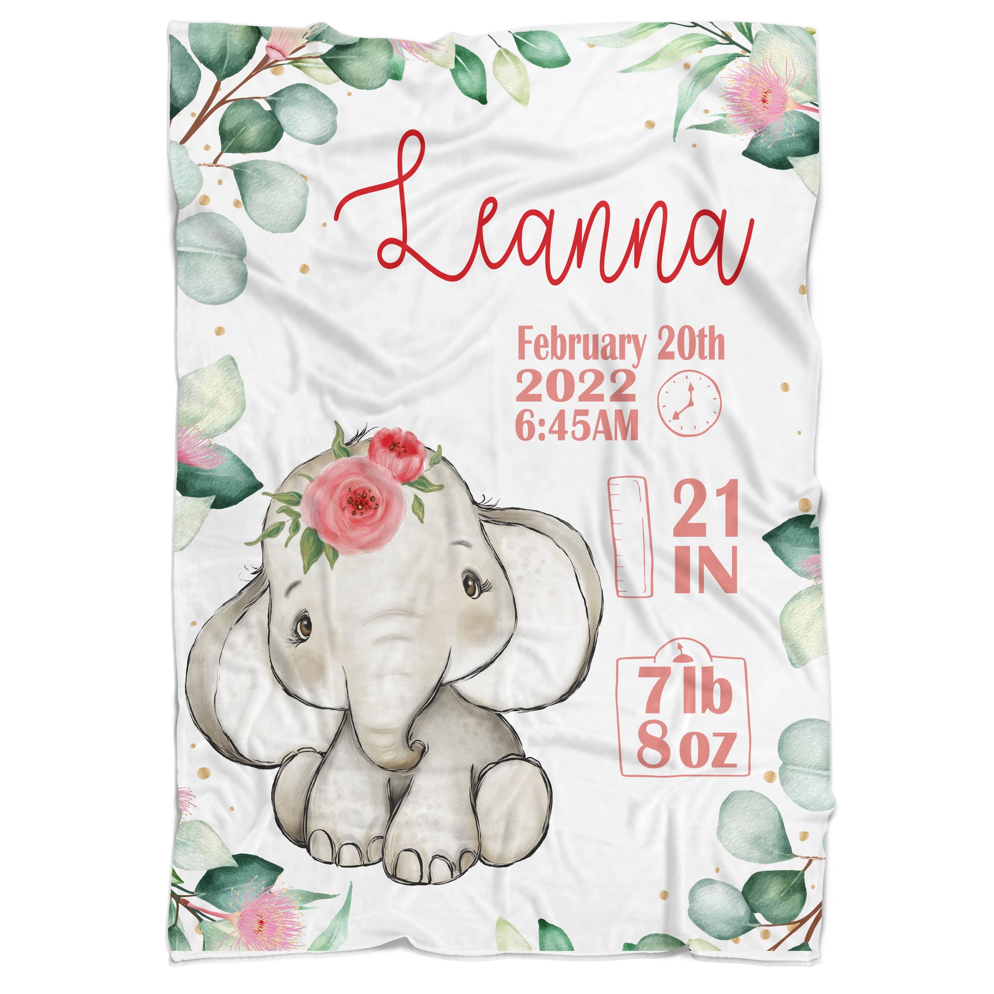 Personalized Elephant Floral Birth Stat Blanket
