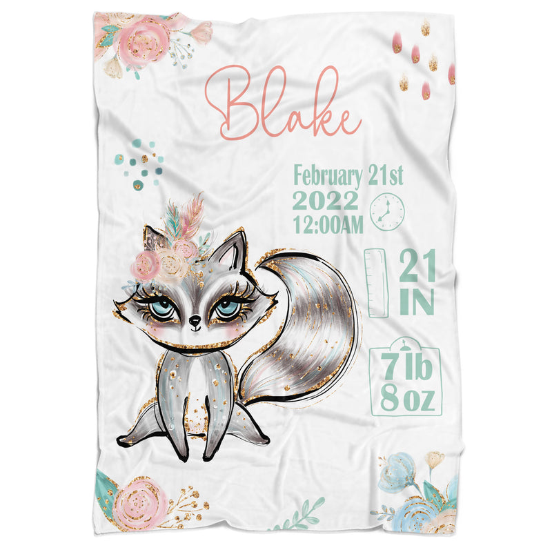 Personalized Floral Raccoon Birth Stat Blanket