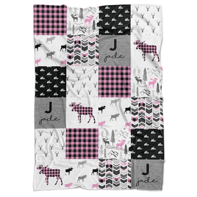 Moose Patchwork Personalized Minky Blanket (multiple colours available) - BitsyBon