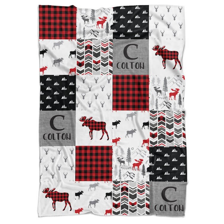Moose Patchwork Personalized Minky Blanket (multiple colours available) - BitsyBon