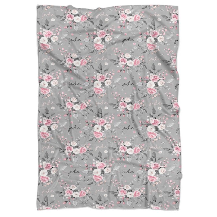 Grey Rose Personalized Minky Blanket - BitsyBon